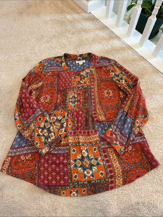 Coldwater Creek Tops - Coldwater Creek Patchwork Button-Down Shirt in Red, Orange, Blue